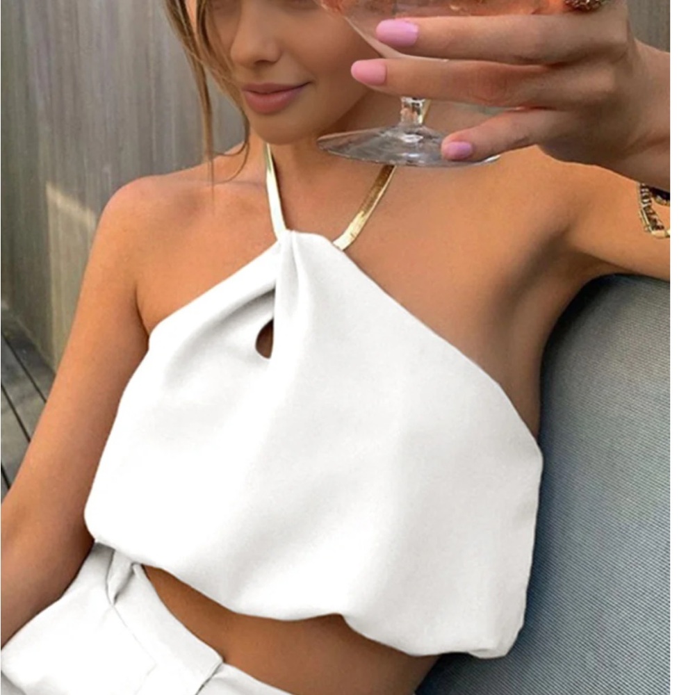 White Halter Crop Sleeveless Top with gold chain neck